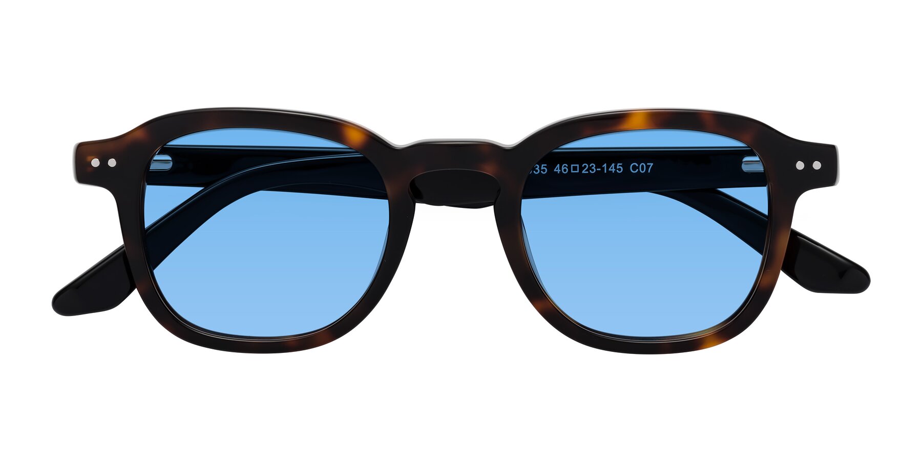 Folded Front of Nice in Tortoise-Black with Medium Blue Tinted Lenses