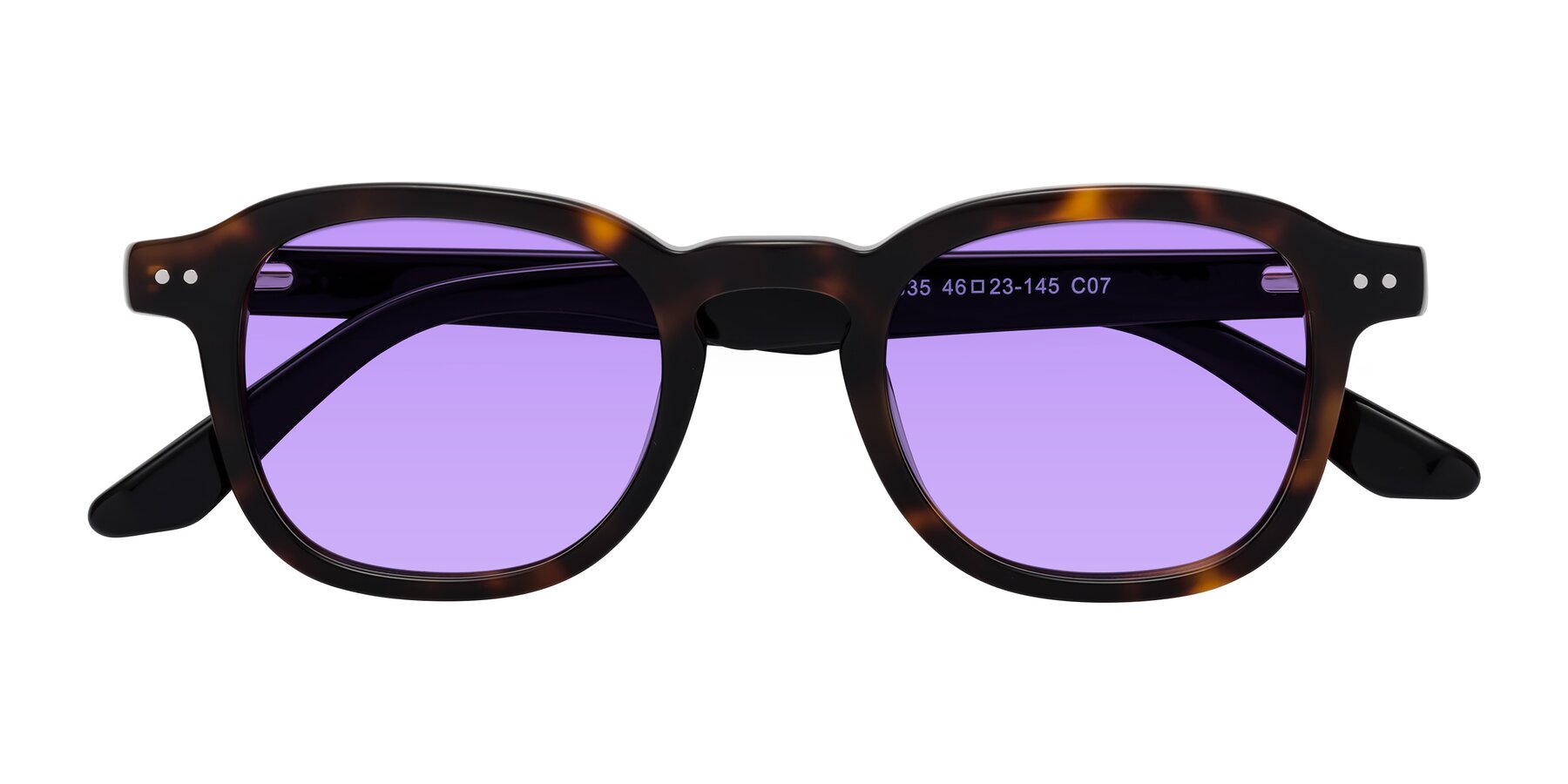 Folded Front of Nice in Tortoise-Black with Medium Purple Tinted Lenses