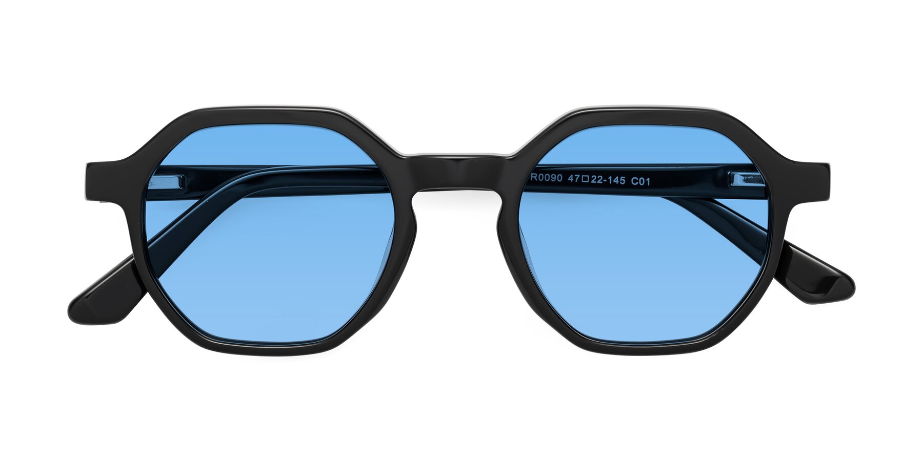 Folded Front of Lucian in Black with Medium Blue Tinted Lenses