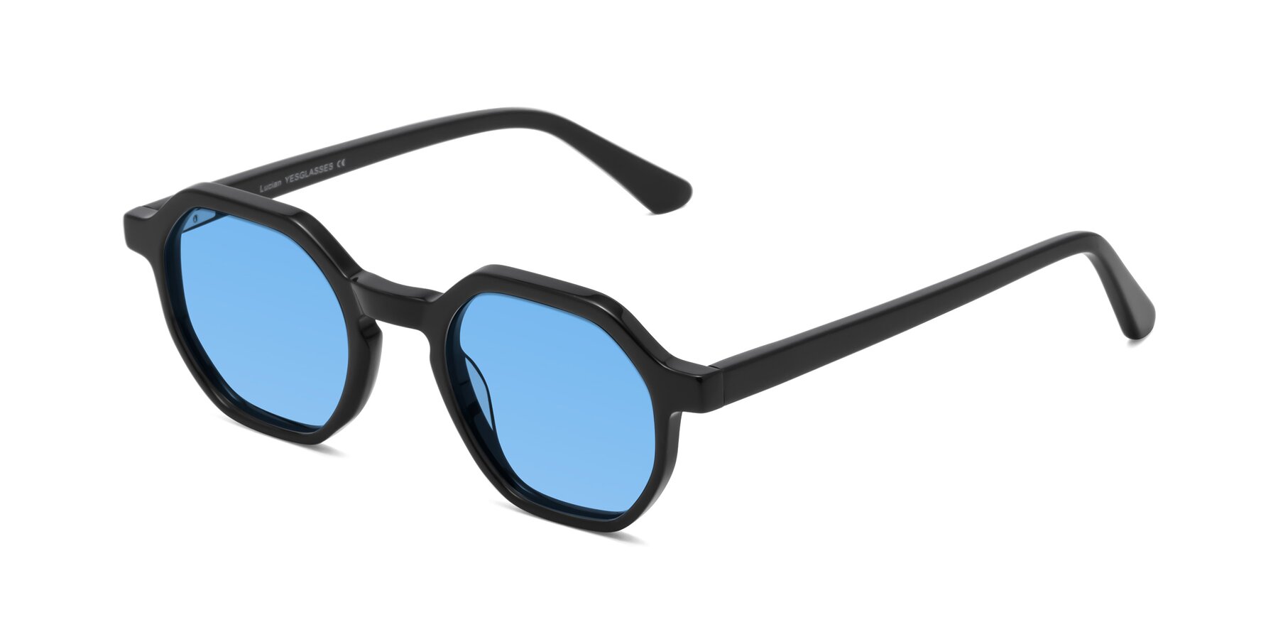 Angle of Lucian in Black with Medium Blue Tinted Lenses