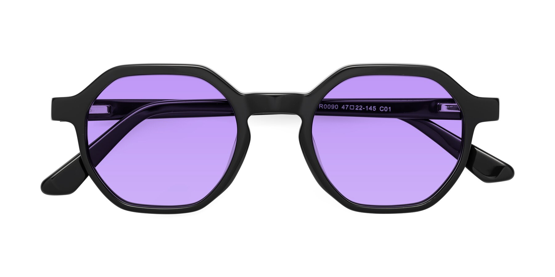 Folded Front of Lucian in Black with Medium Purple Tinted Lenses