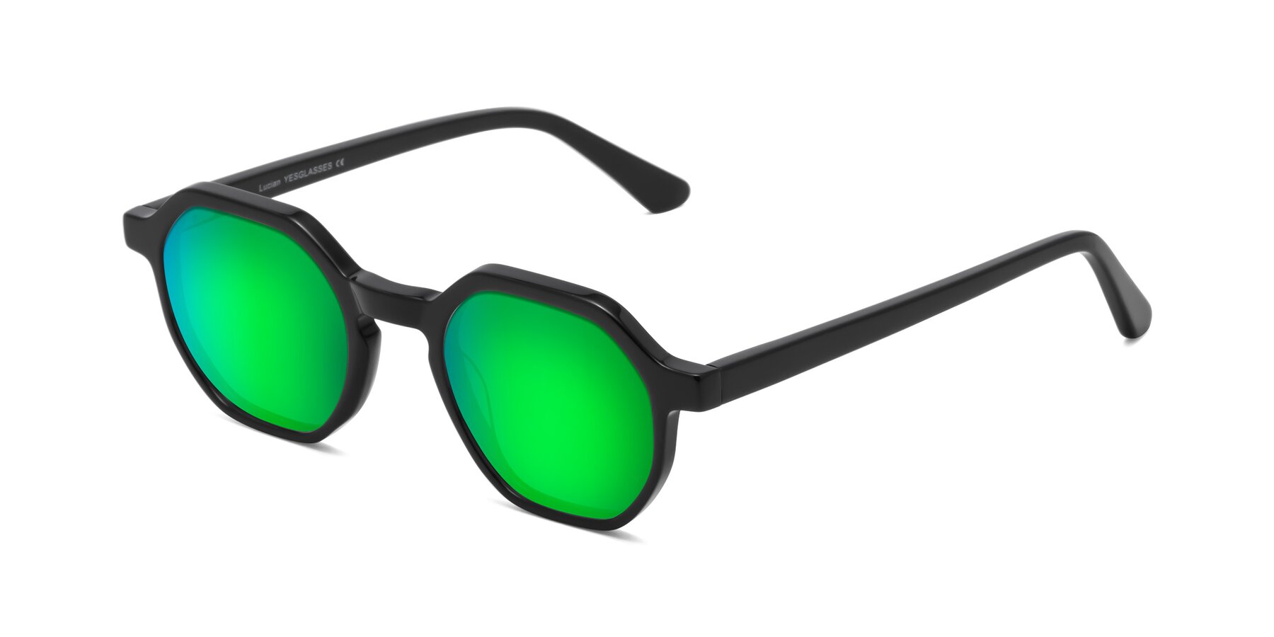 Angle of Lucian in Black with Green Mirrored Lenses