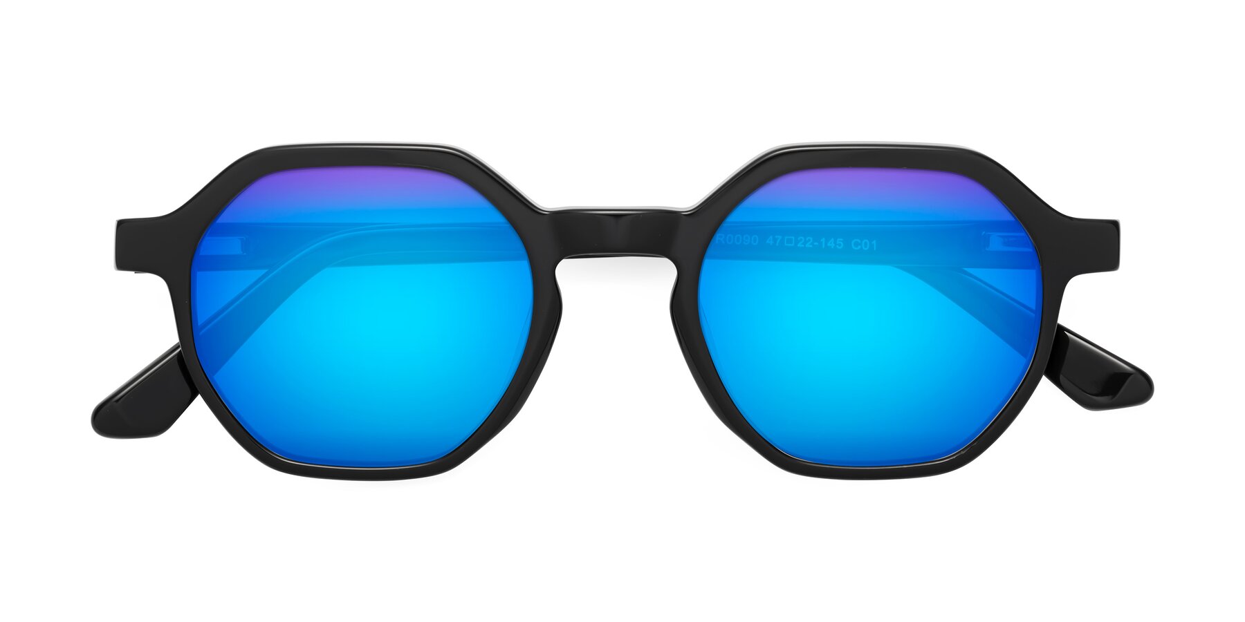 Folded Front of Lucian in Black with Blue Mirrored Lenses