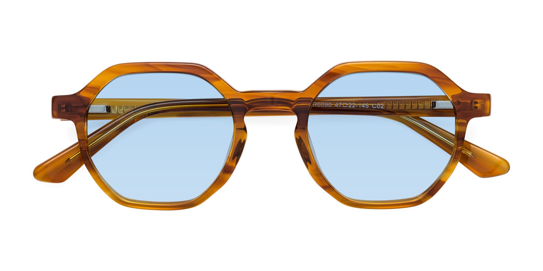 Folded Front of Lucian in Striped Amber with Light Blue Tinted Lenses