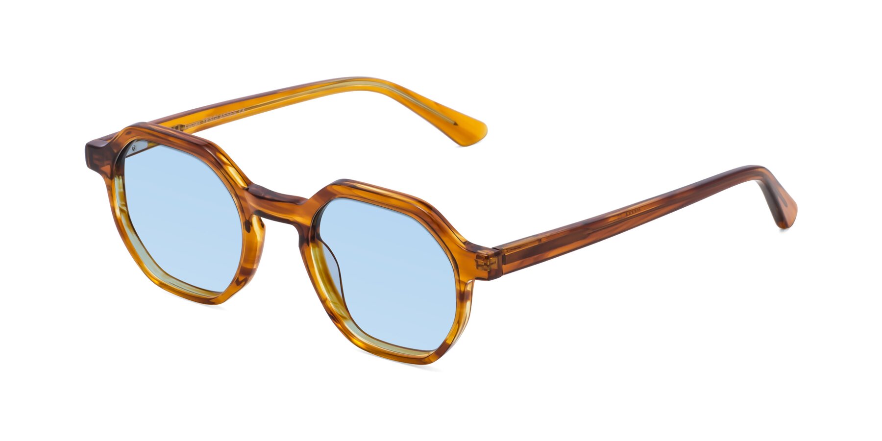 Angle of Lucian in Striped Amber with Light Blue Tinted Lenses