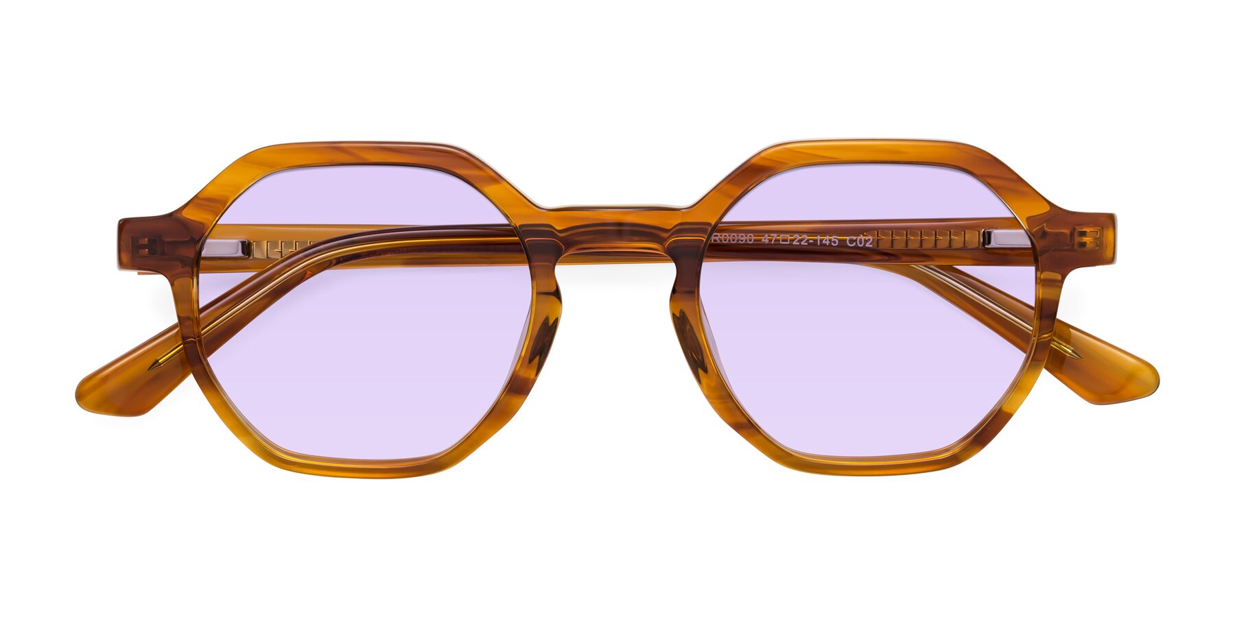 Folded Front of Lucian in Striped Amber with Light Purple Tinted Lenses