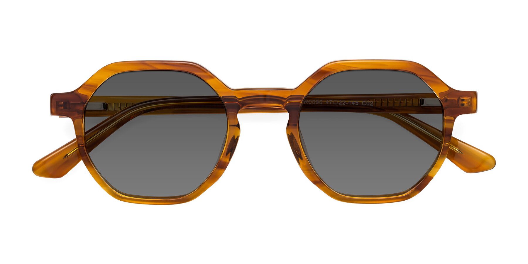 Folded Front of Lucian in Striped Amber with Medium Gray Tinted Lenses