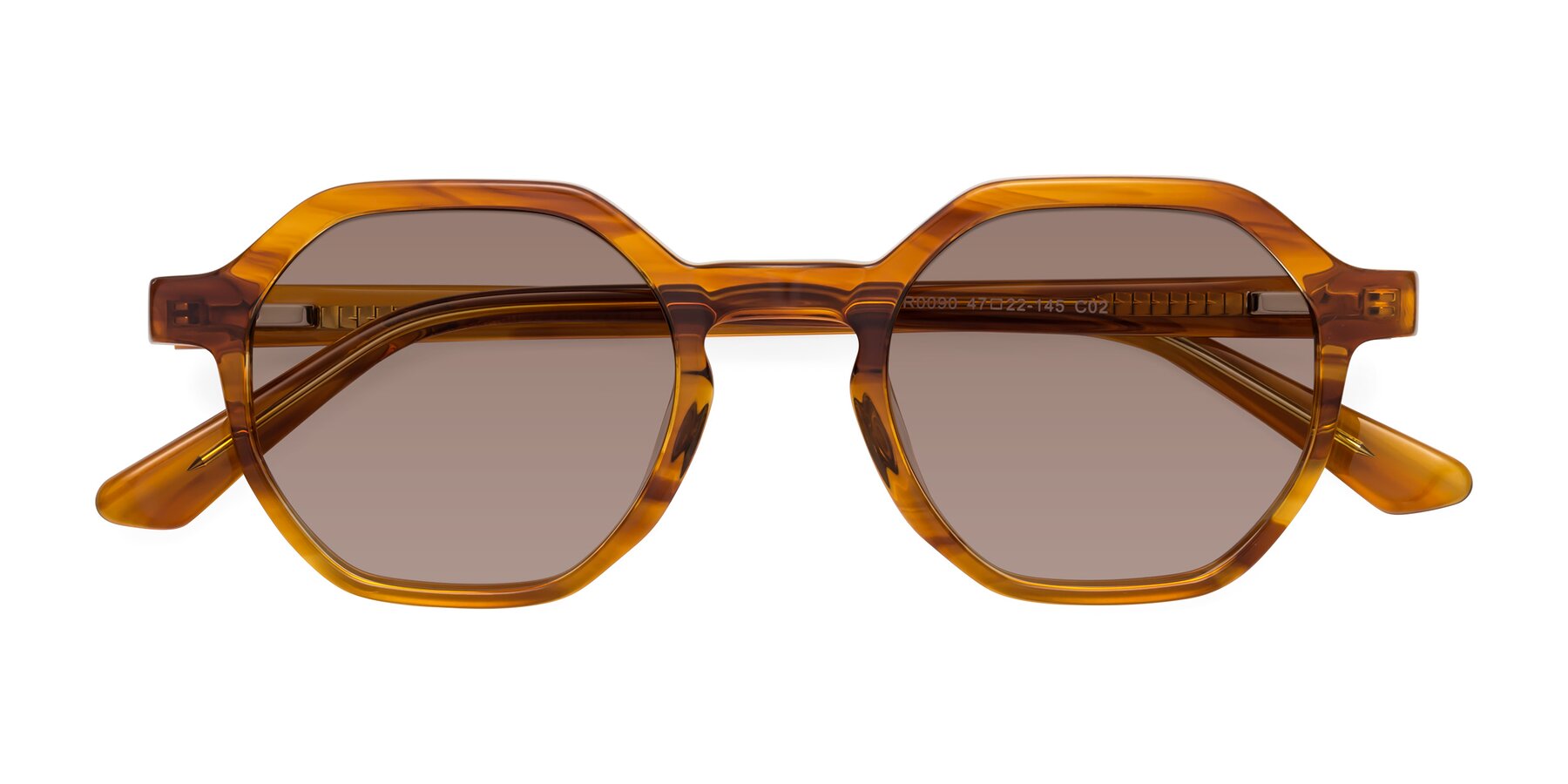 Folded Front of Lucian in Striped Amber with Medium Brown Tinted Lenses