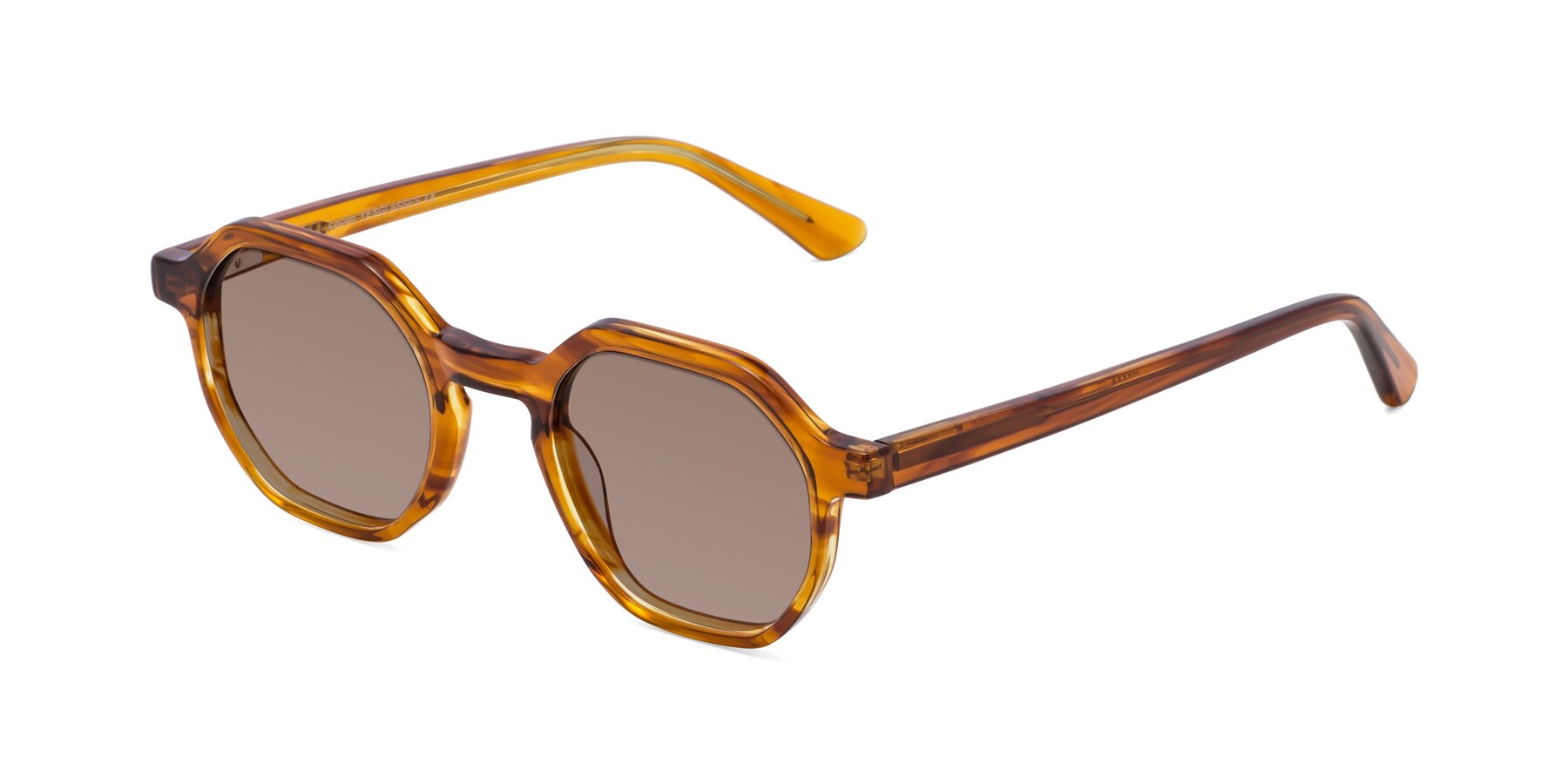 Angle of Lucian in Striped Amber with Medium Brown Tinted Lenses