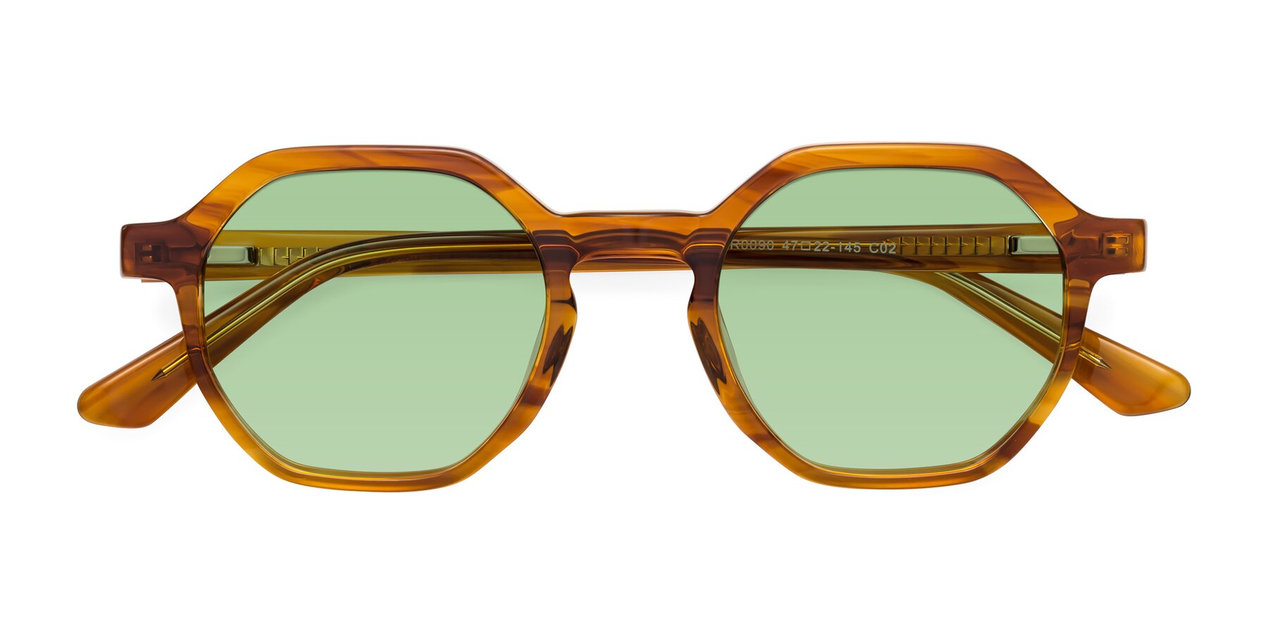 Folded Front of Lucian in Striped Amber with Medium Green Tinted Lenses