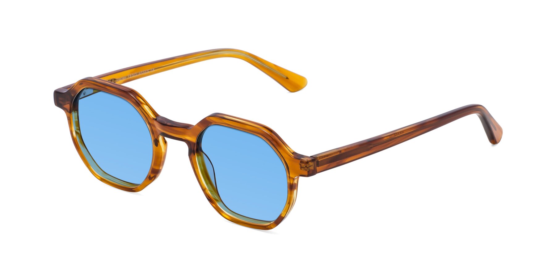 Angle of Lucian in Striped Amber with Medium Blue Tinted Lenses