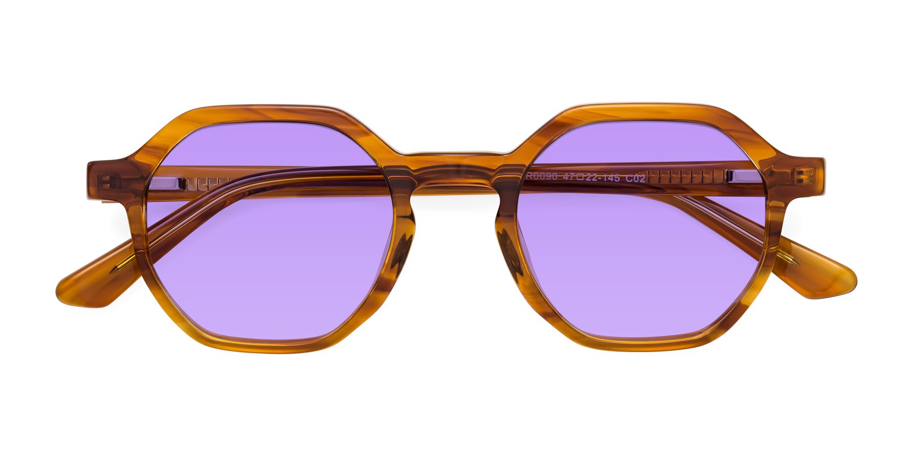 Folded Front of Lucian in Striped Amber with Medium Purple Tinted Lenses