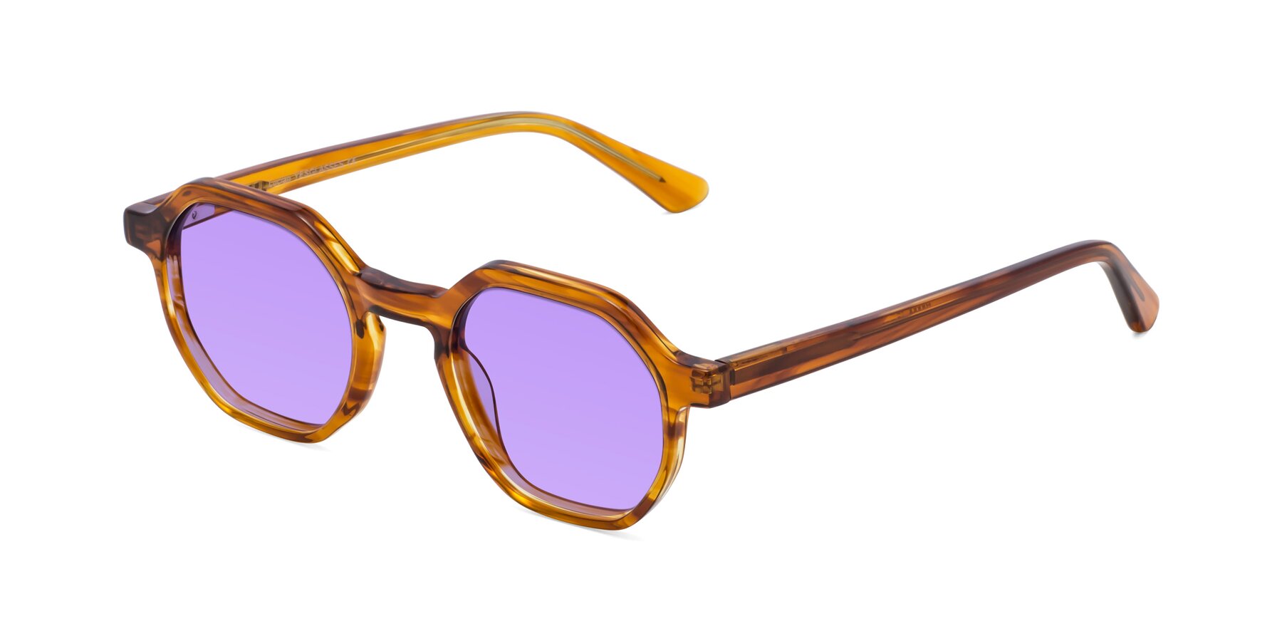 Angle of Lucian in Striped Amber with Medium Purple Tinted Lenses