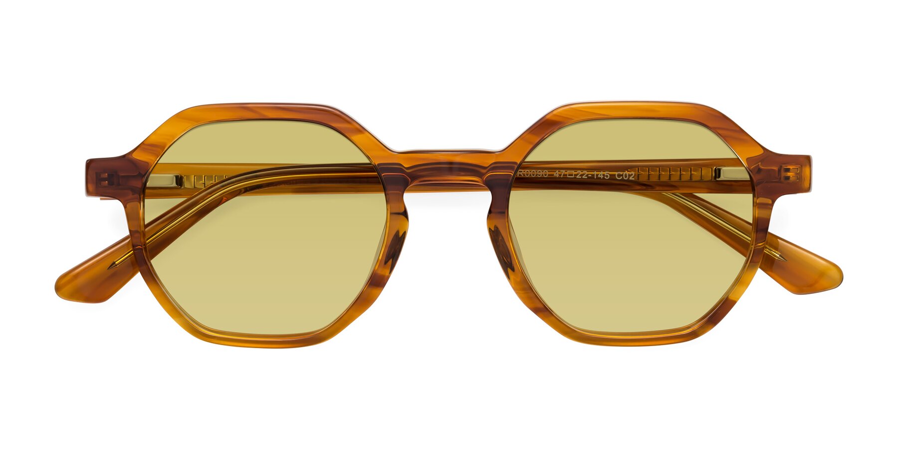 Folded Front of Lucian in Striped Amber with Medium Champagne Tinted Lenses