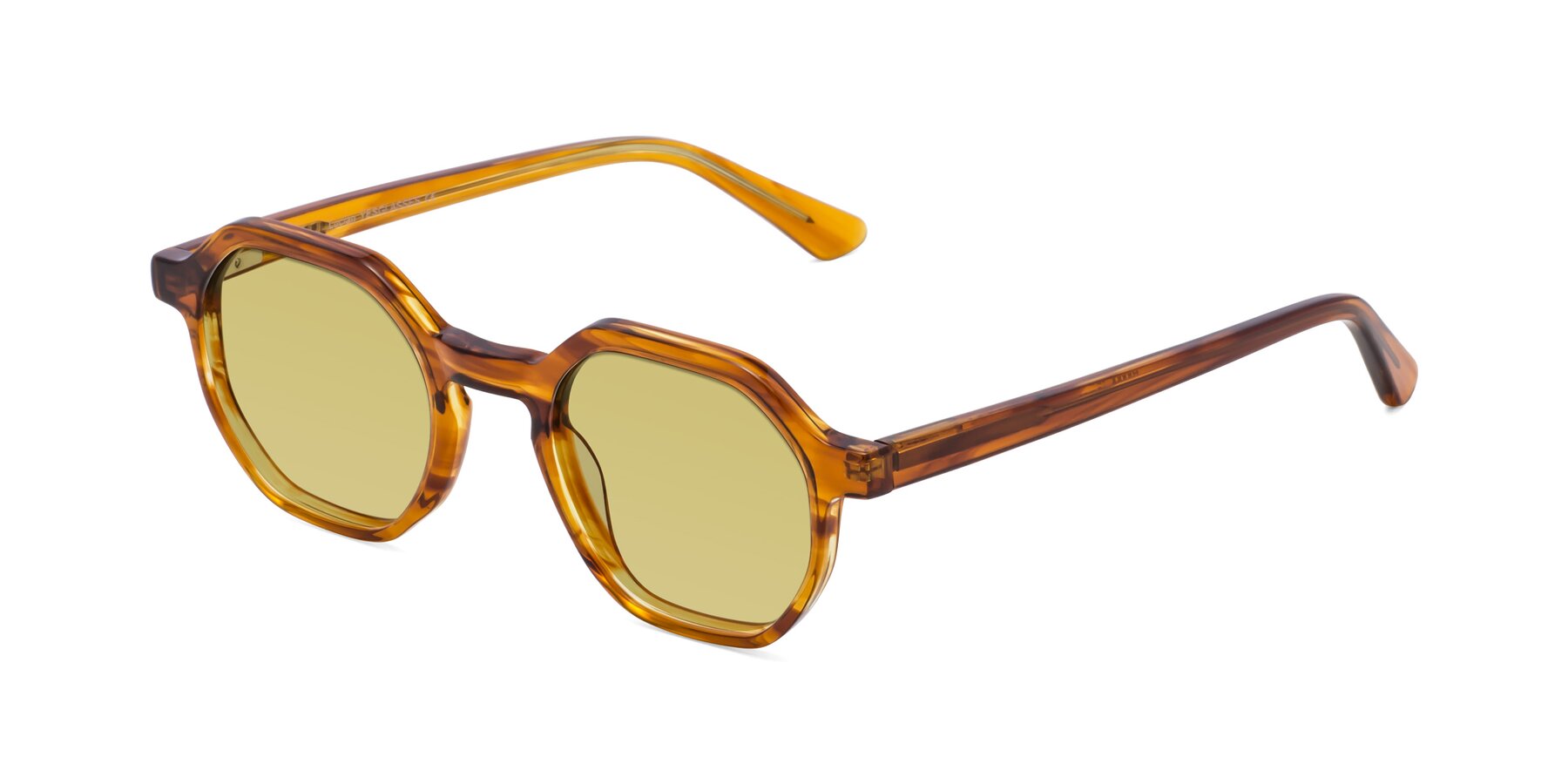 Angle of Lucian in Striped Amber with Medium Champagne Tinted Lenses