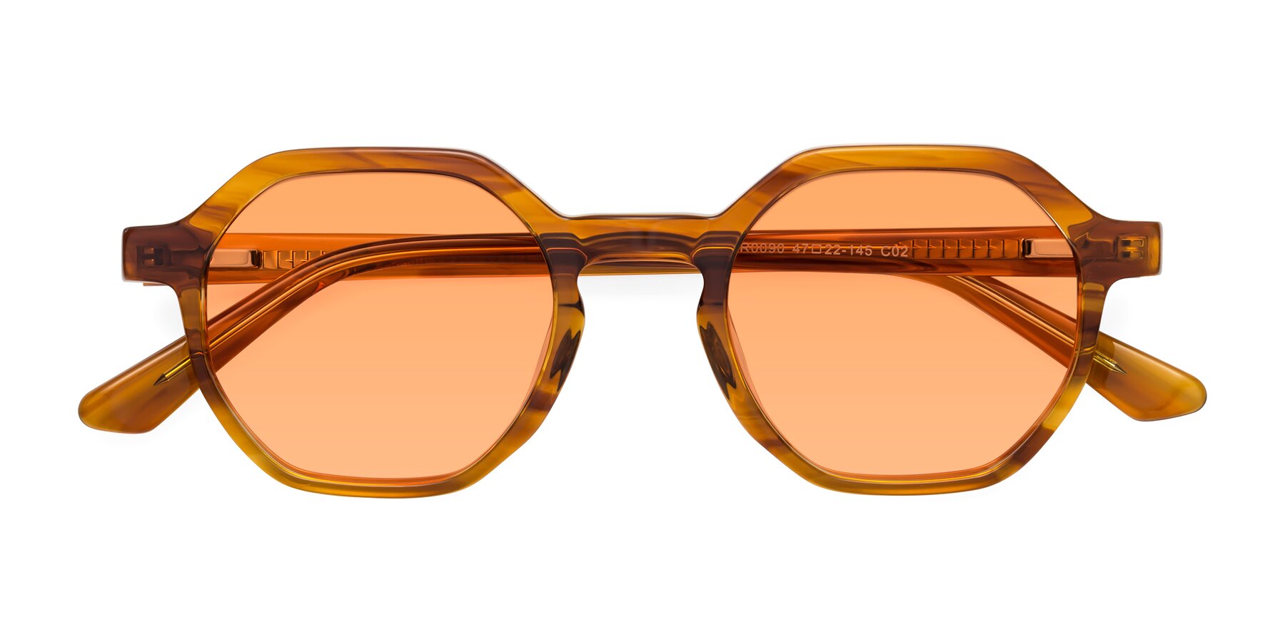 Folded Front of Lucian in Striped Amber with Medium Orange Tinted Lenses