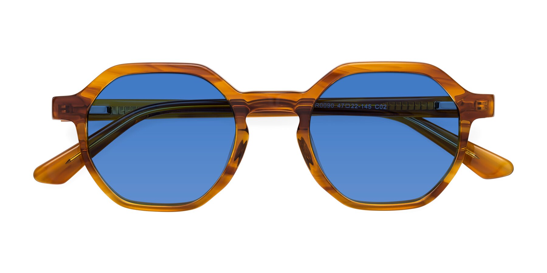Folded Front of Lucian in Striped Amber with Blue Tinted Lenses