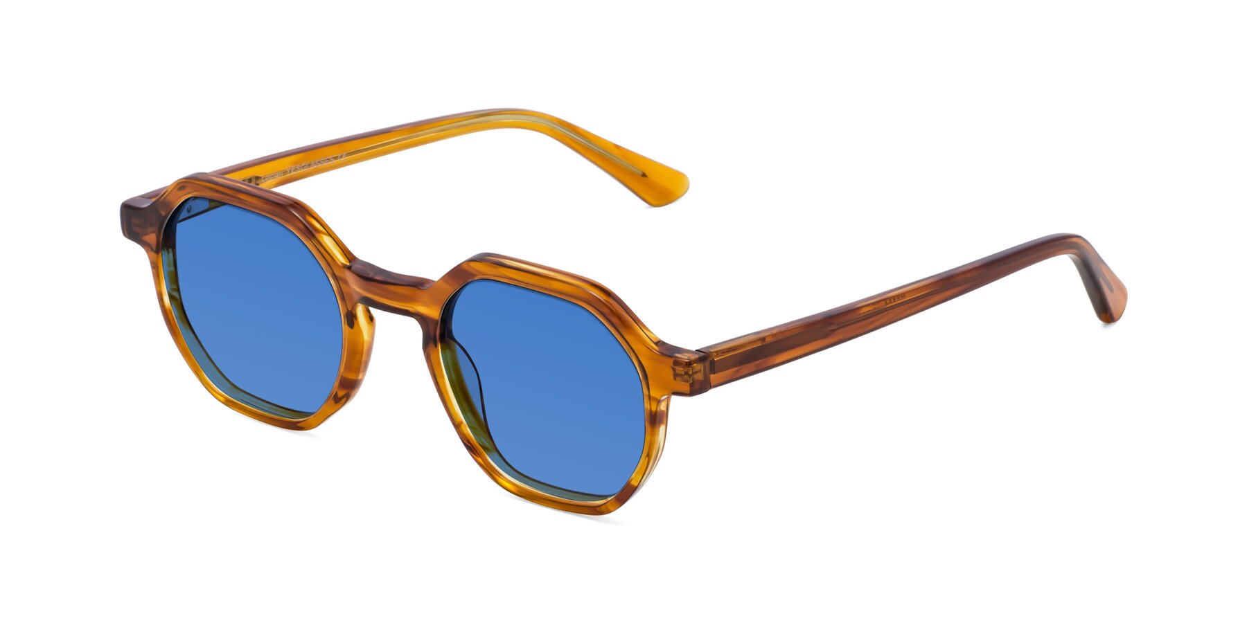 Angle of Lucian in Striped Amber with Blue Tinted Lenses