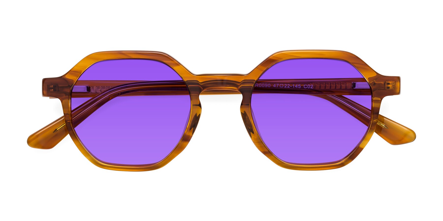 Folded Front of Lucian in Striped Amber with Purple Tinted Lenses