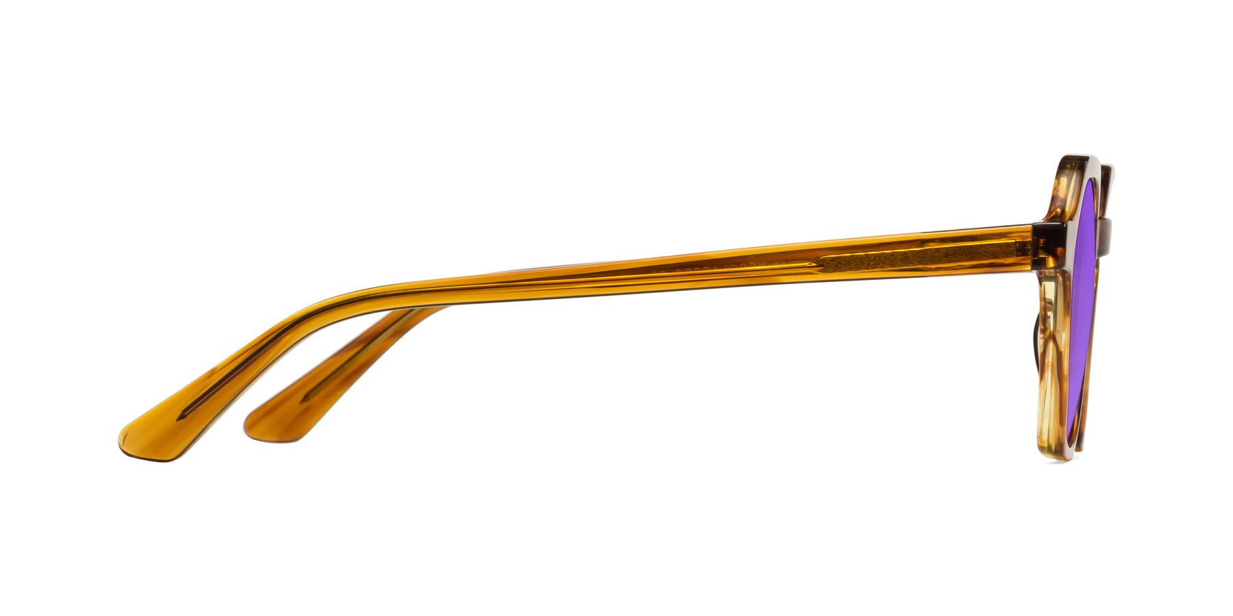 Side of Lucian in Striped Amber with Purple Tinted Lenses