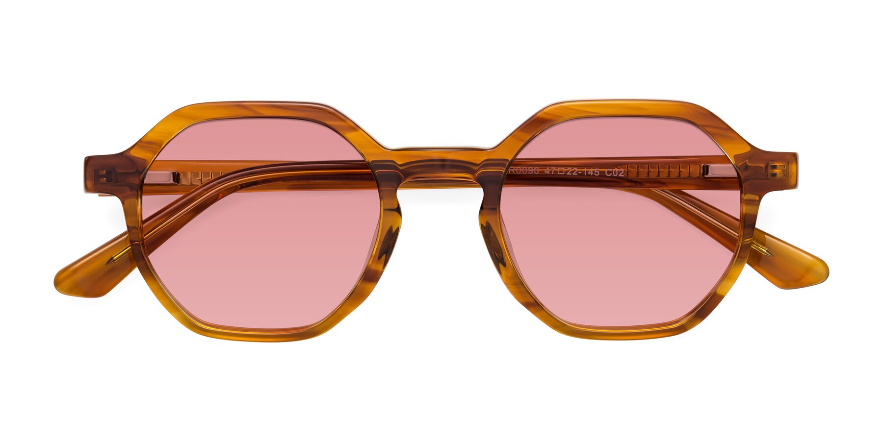 Folded Front of Lucian in Striped Amber with Medium Garnet Tinted Lenses