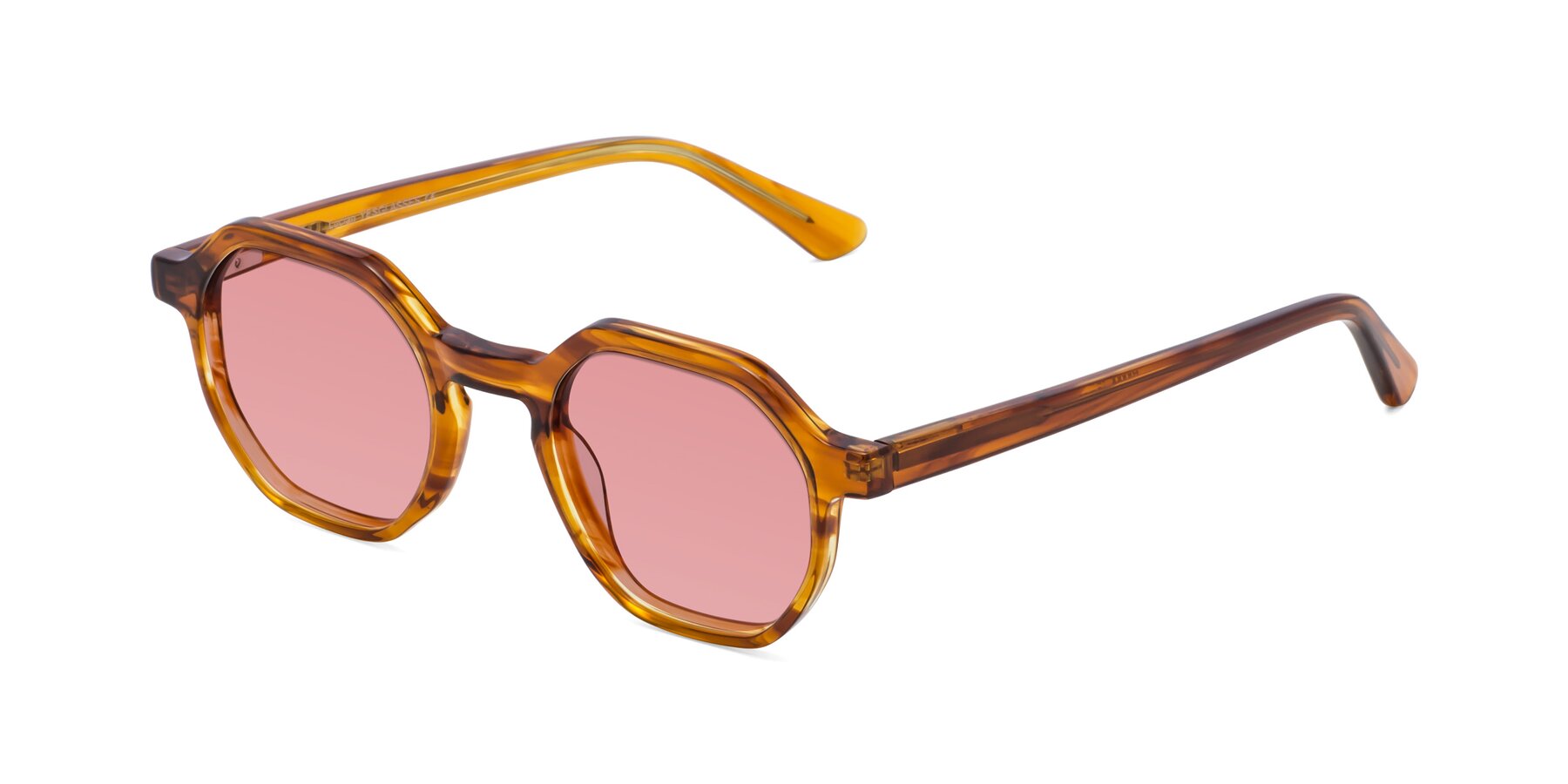 Angle of Lucian in Striped Amber with Medium Garnet Tinted Lenses