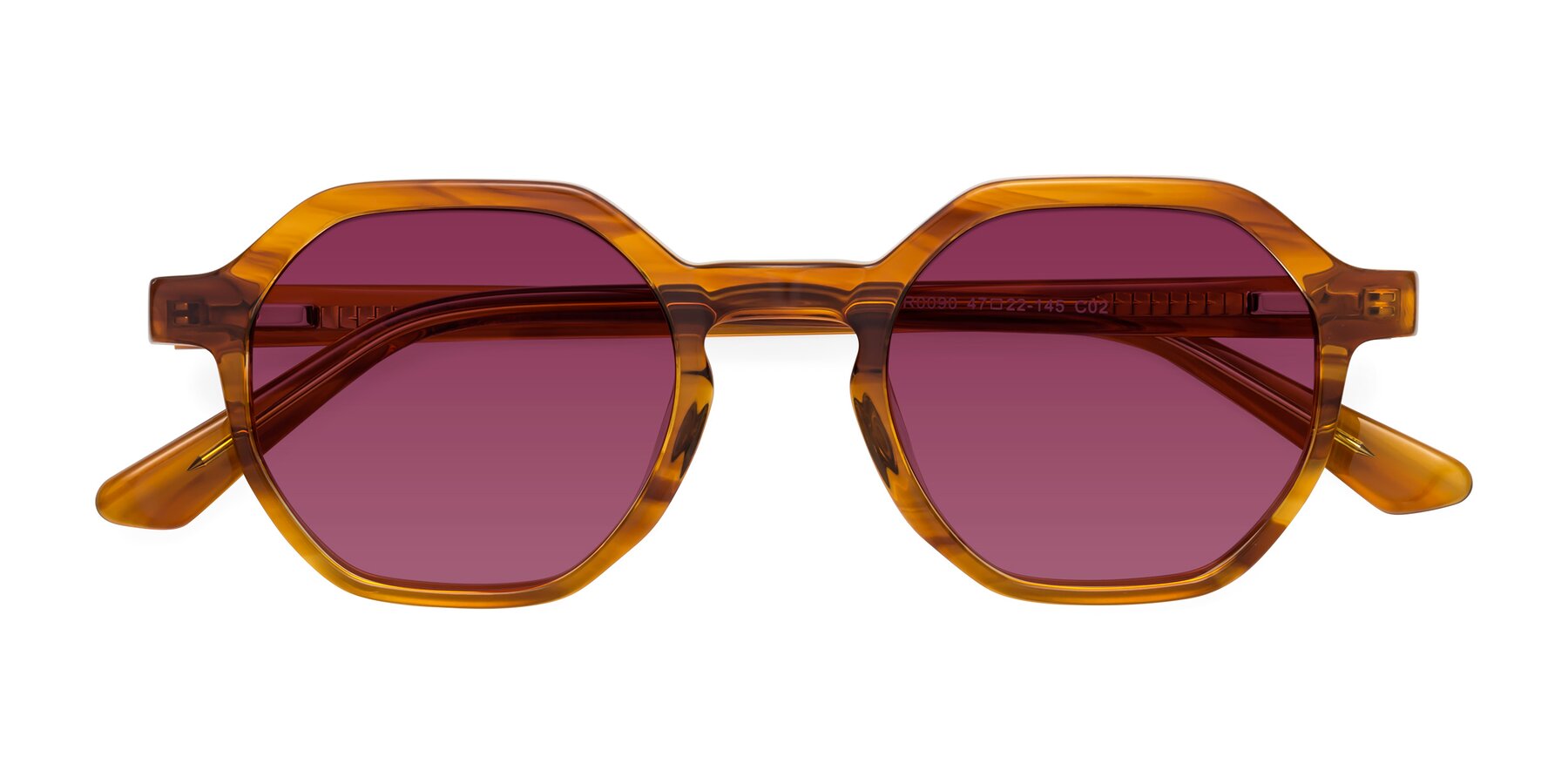 Folded Front of Lucian in Striped Amber with Wine Tinted Lenses