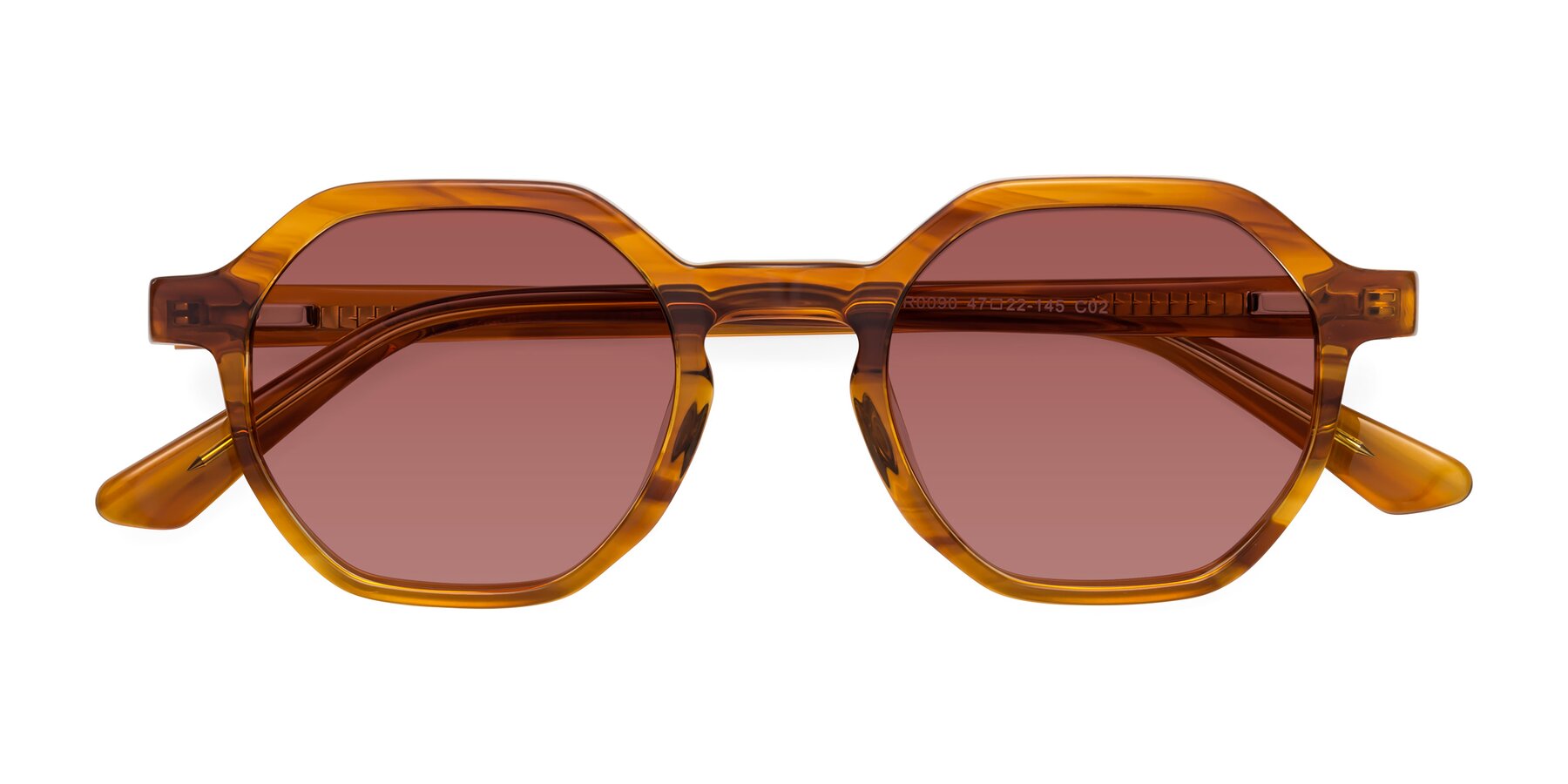 Folded Front of Lucian in Striped Amber with Garnet Tinted Lenses