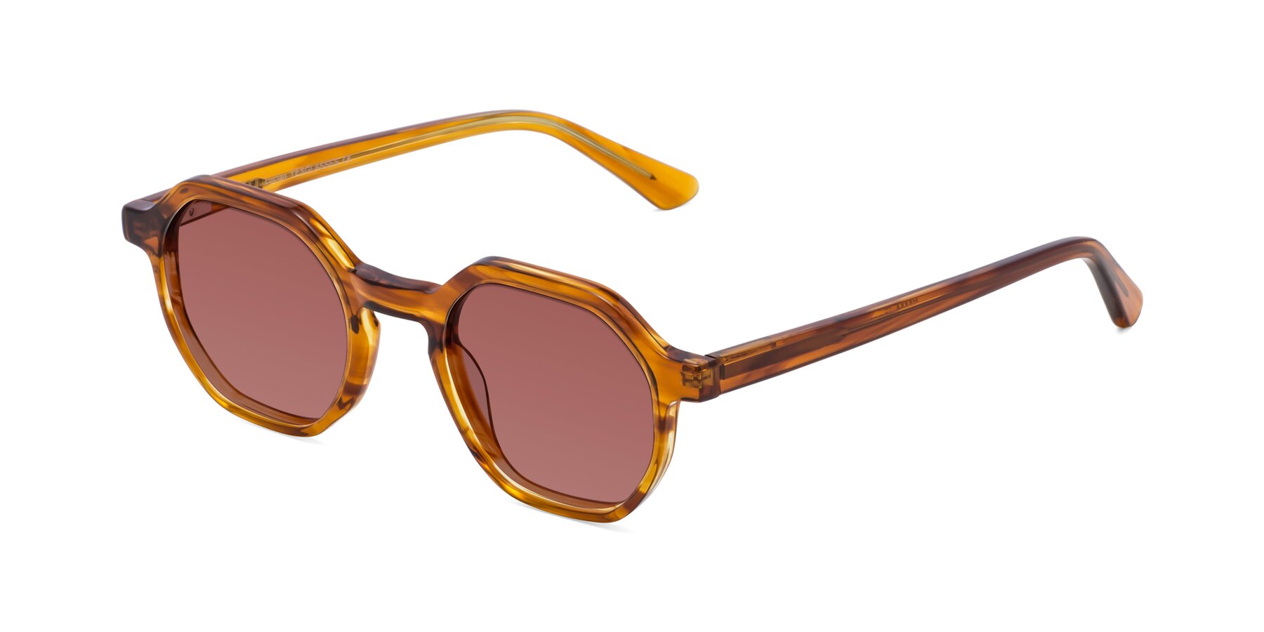 Angle of Lucian in Striped Amber with Garnet Tinted Lenses