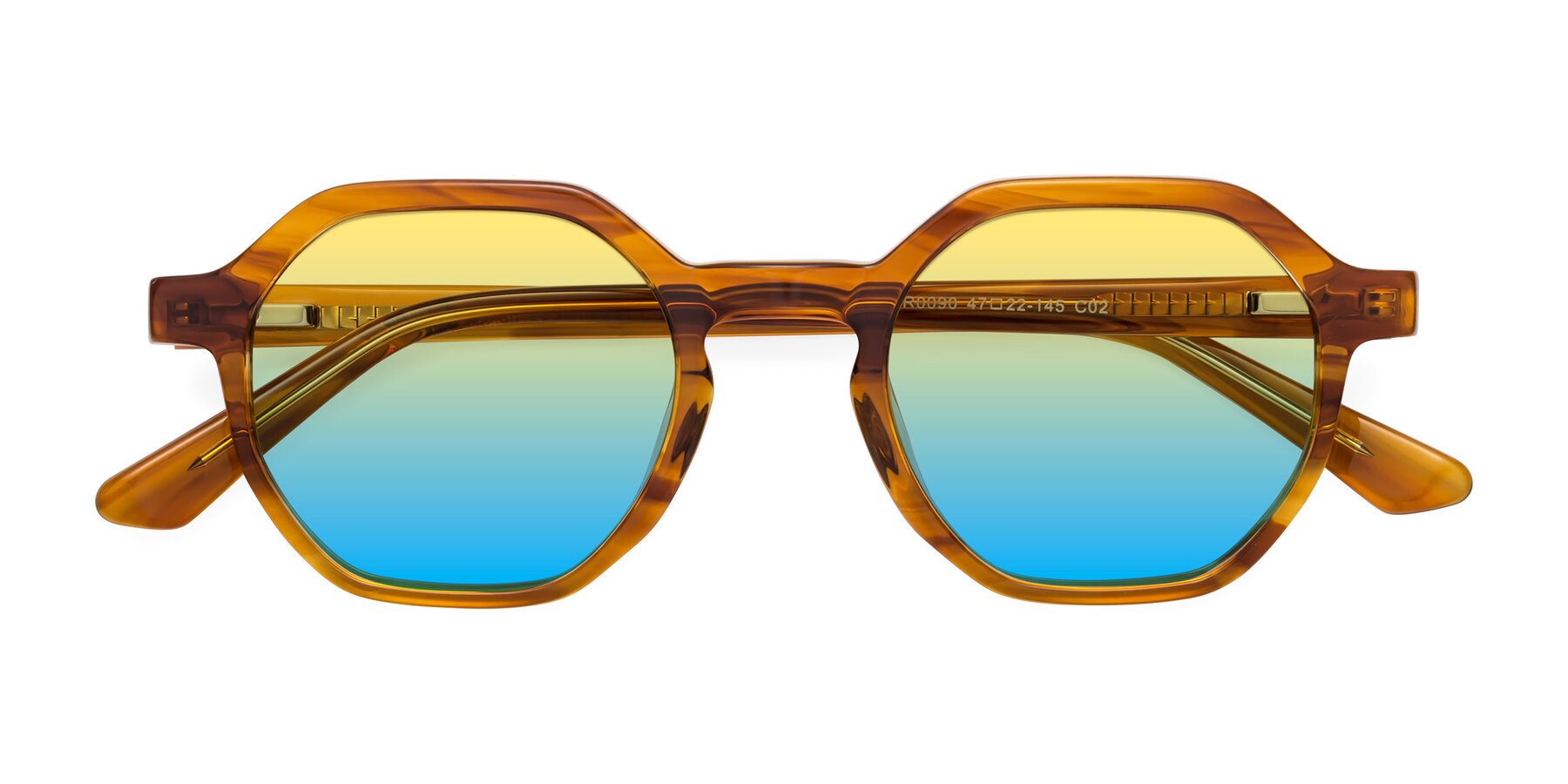 Folded Front of Lucian in Striped Amber with Yellow / Blue Gradient Lenses
