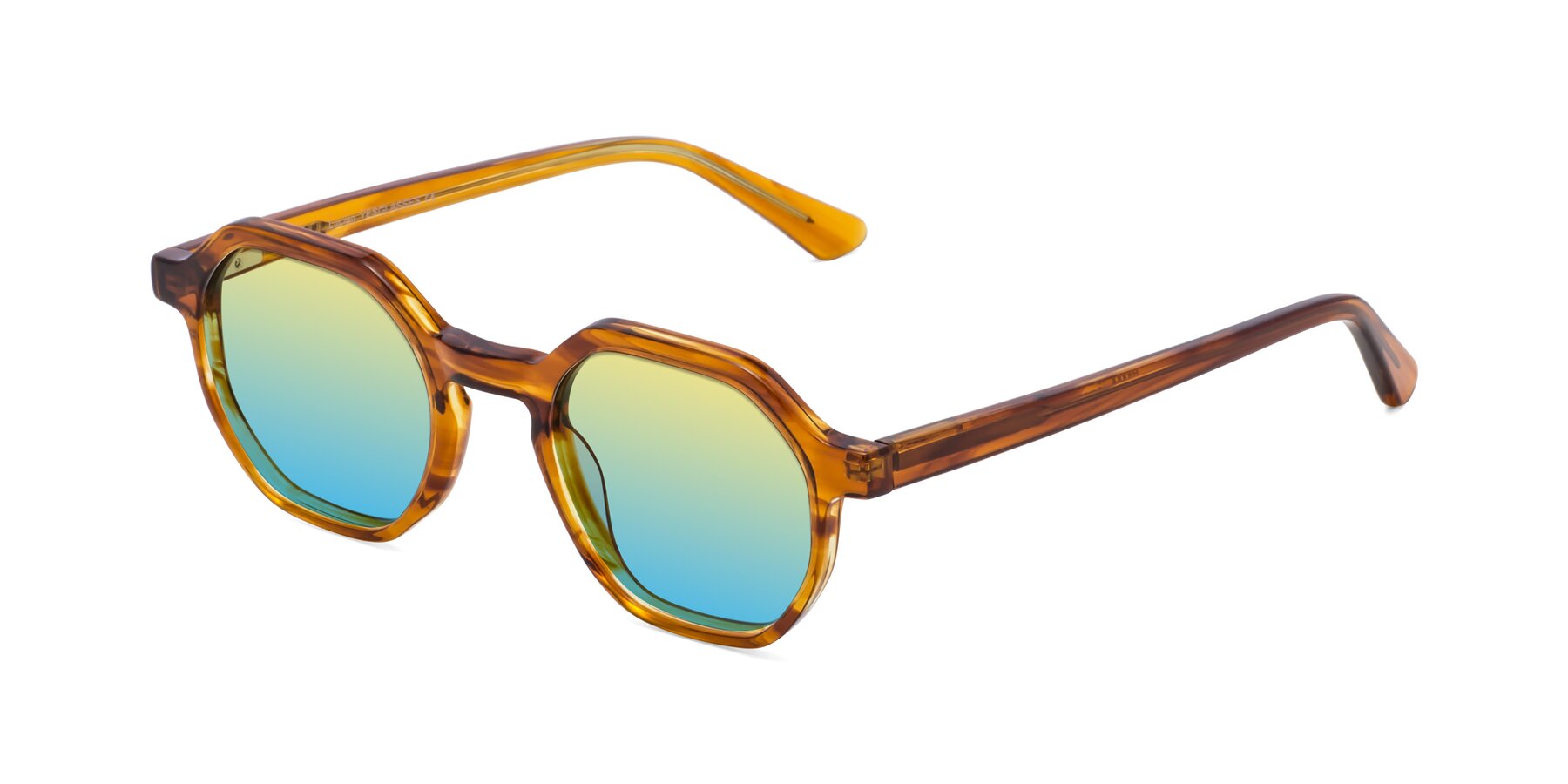 Angle of Lucian in Striped Amber with Yellow / Blue Gradient Lenses