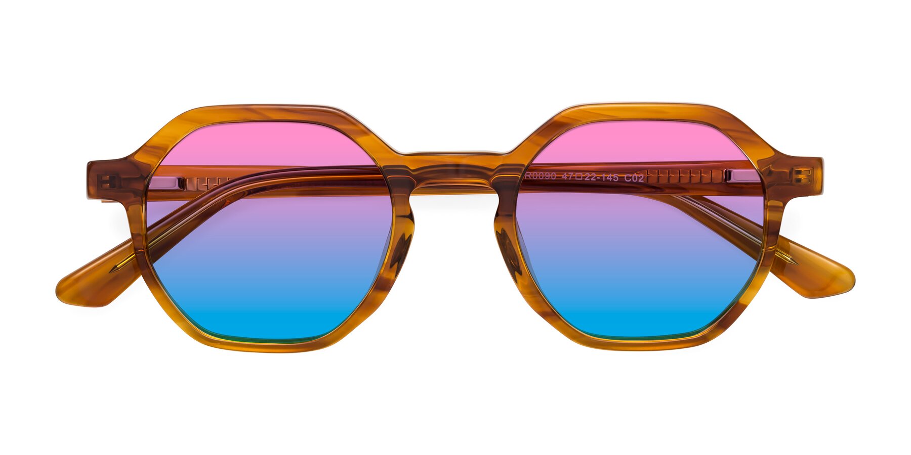 Folded Front of Lucian in Striped Amber with Pink / Blue Gradient Lenses