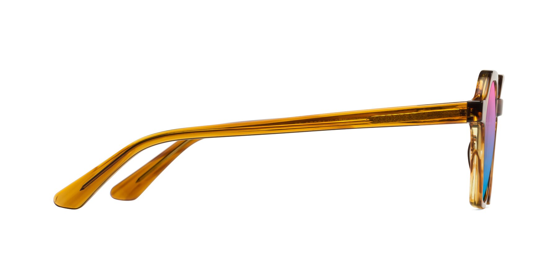 Side of Lucian in Striped Amber with Pink / Blue Gradient Lenses