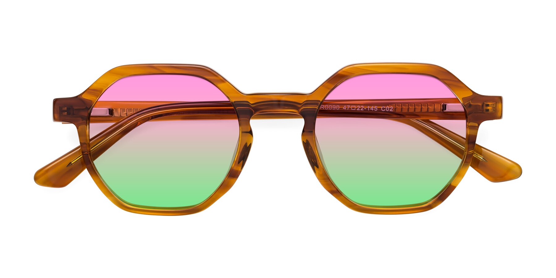 Folded Front of Lucian in Striped Amber with Pink / Green Gradient Lenses