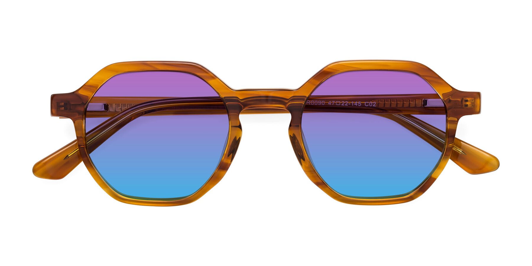 Folded Front of Lucian in Striped Amber with Purple / Blue Gradient Lenses