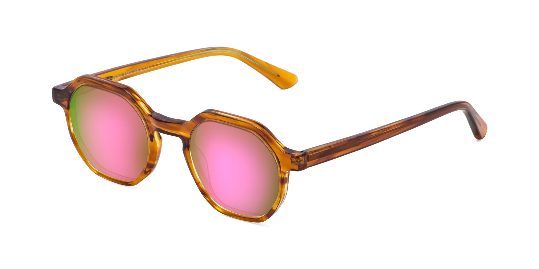 Angle of Lucian in Striped Amber with Pink Mirrored Lenses