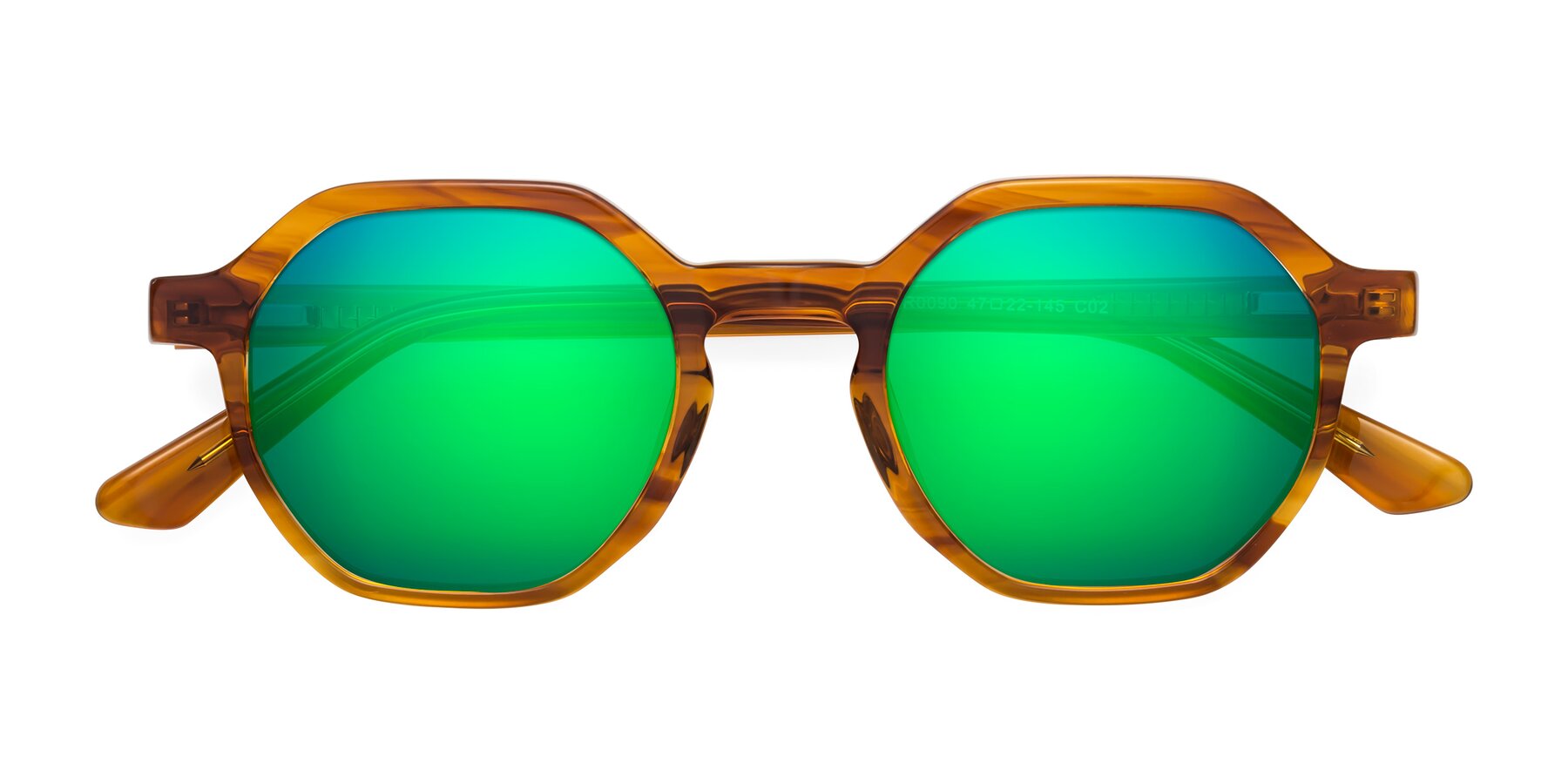 Folded Front of Lucian in Striped Amber with Green Mirrored Lenses