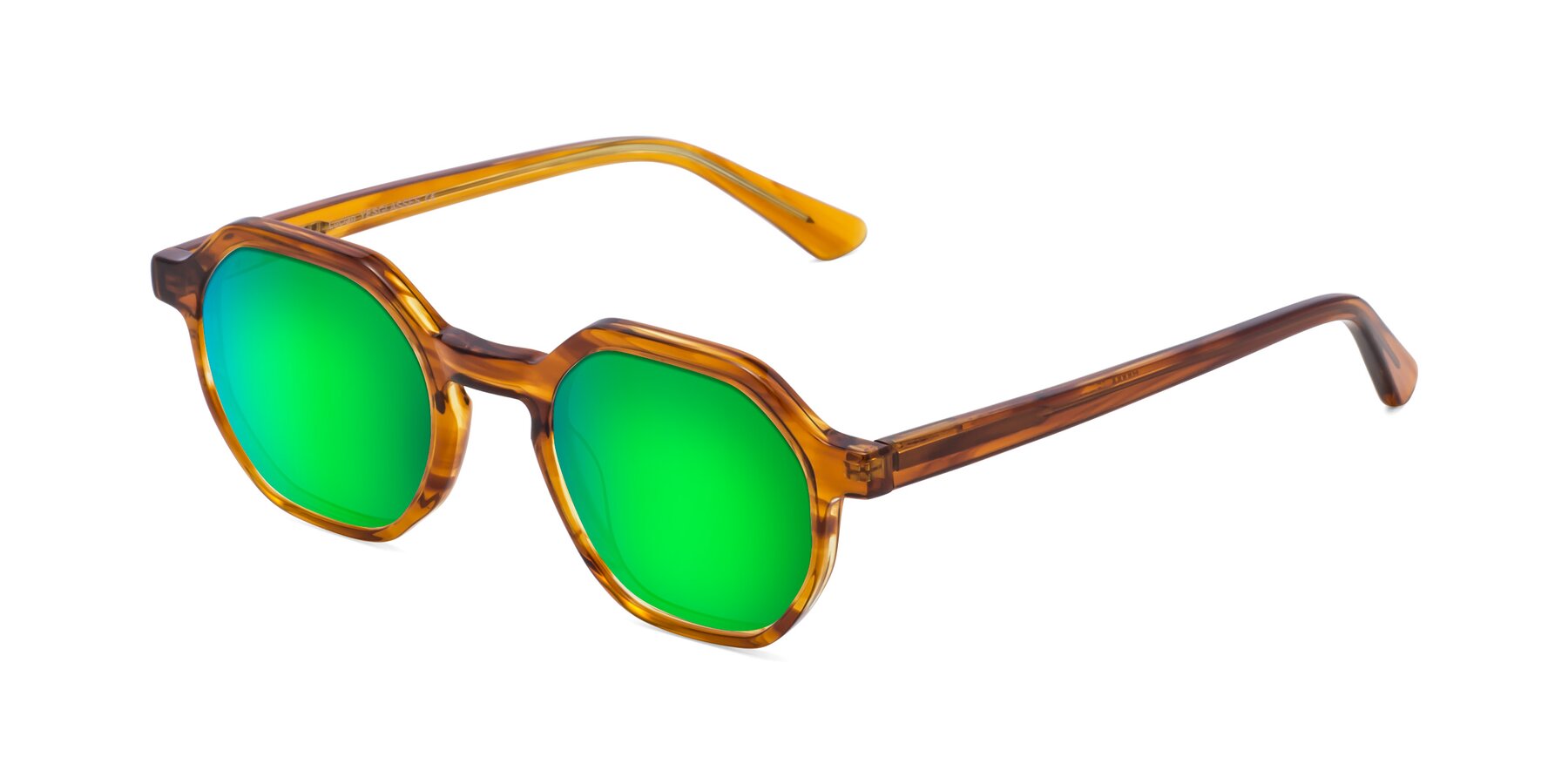 Angle of Lucian in Striped Amber with Green Mirrored Lenses
