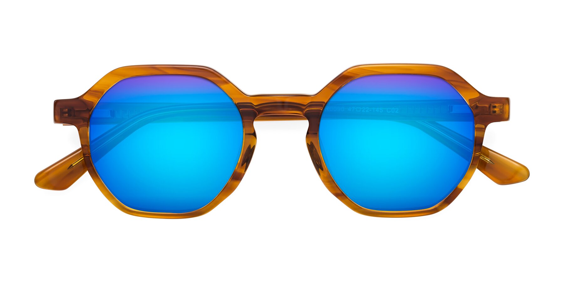 Folded Front of Lucian in Striped Amber with Blue Mirrored Lenses