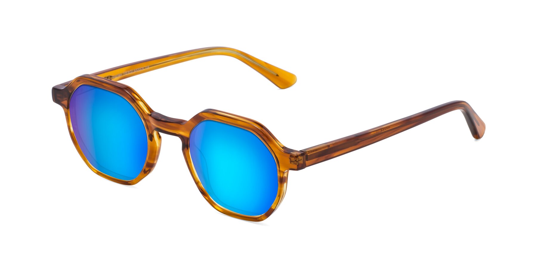 Angle of Lucian in Striped Amber with Blue Mirrored Lenses