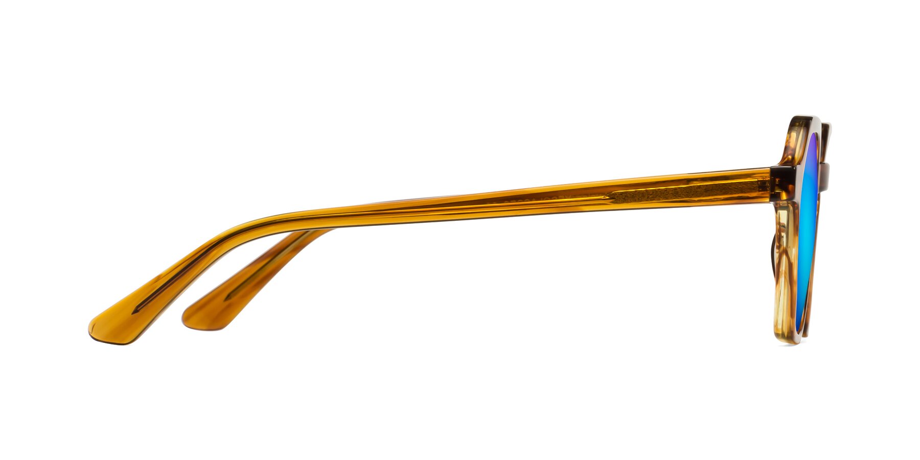 Side of Lucian in Striped Amber with Blue Mirrored Lenses