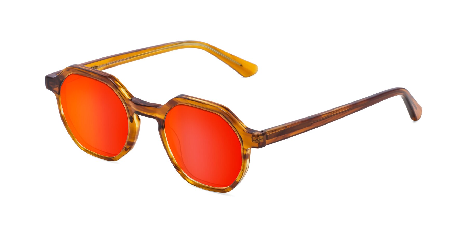 Angle of Lucian in Striped Amber with Red Gold Mirrored Lenses