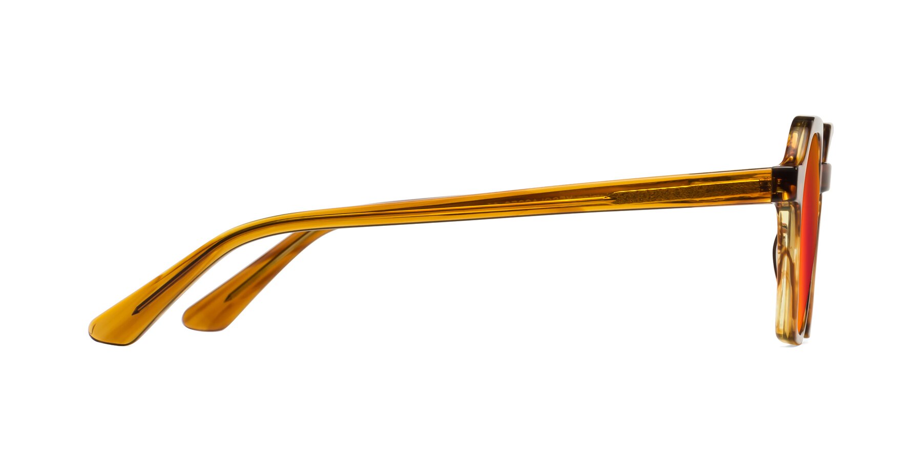 Side of Lucian in Striped Amber with Red Gold Mirrored Lenses