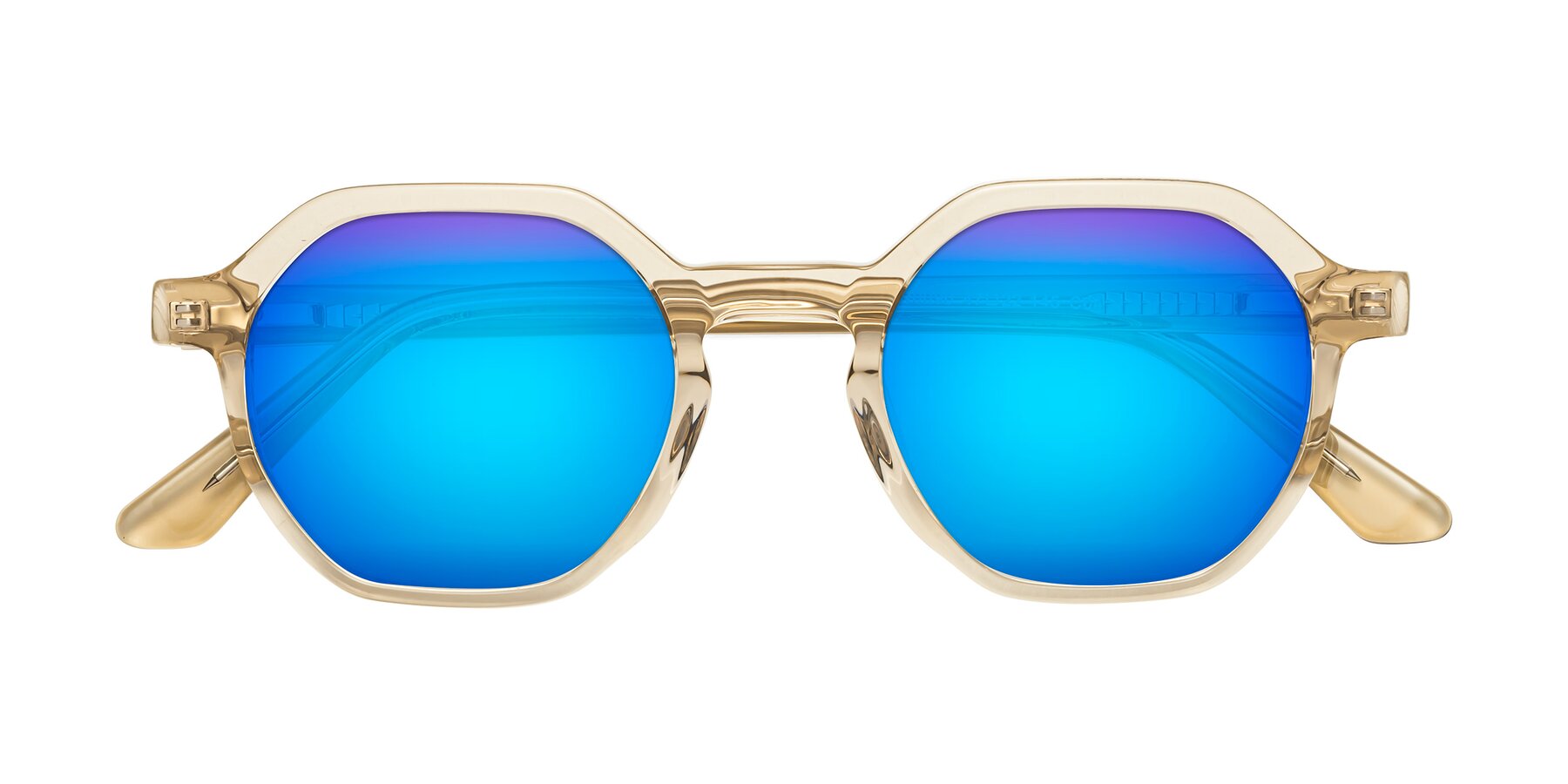 Folded Front of Lucian in Champagne with Blue Mirrored Lenses