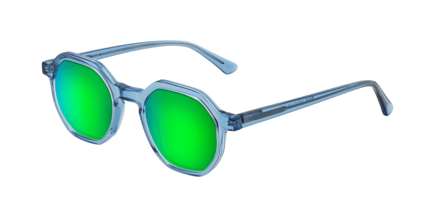 Angle of Lucian in Sky Blue with Green Mirrored Lenses