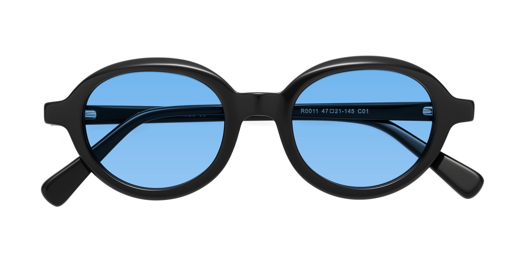 Folded Front of Seed in Black with Medium Blue Tinted Lenses