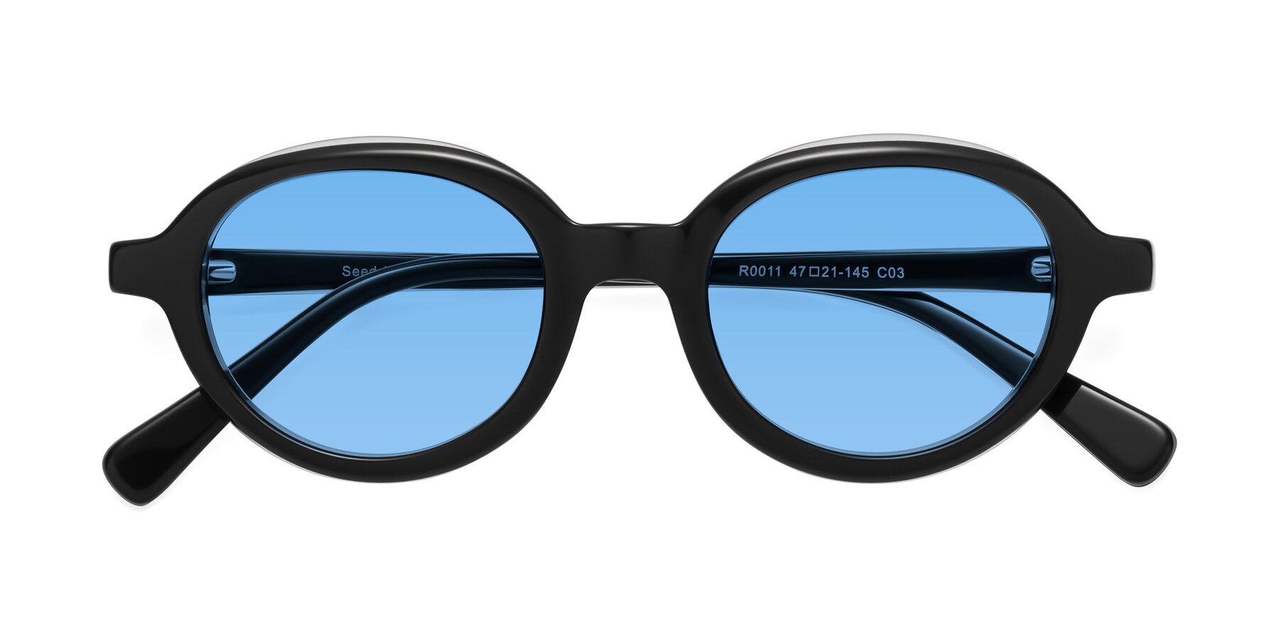 Folded Front of Seed in Black-Clear with Medium Blue Tinted Lenses