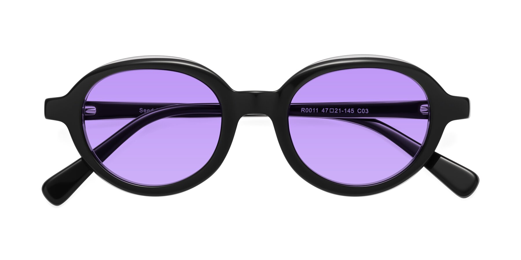 Folded Front of Seed in Black-Clear with Medium Purple Tinted Lenses