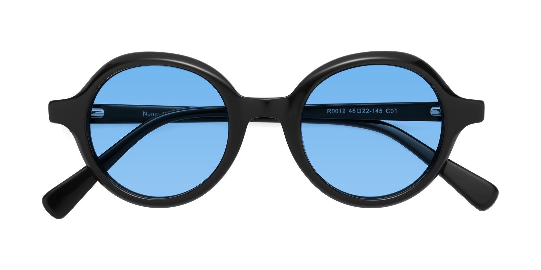 Folded Front of Nemo in Black with Medium Blue Tinted Lenses