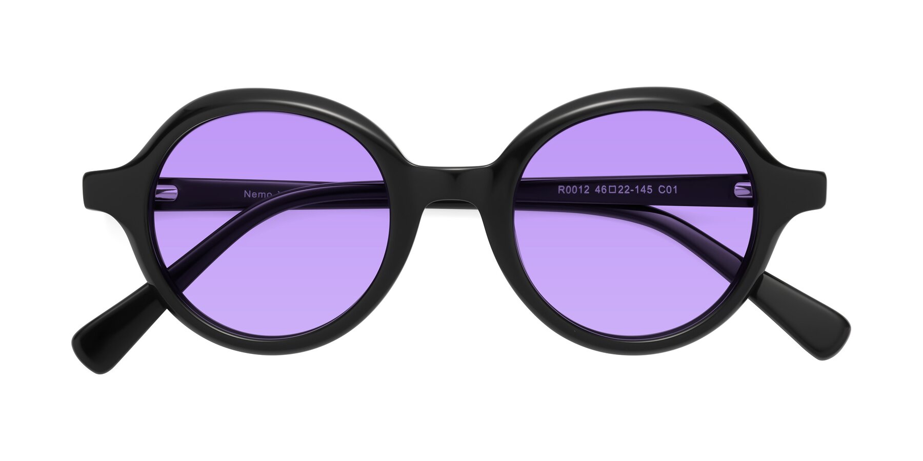 Folded Front of Nemo in Black with Medium Purple Tinted Lenses